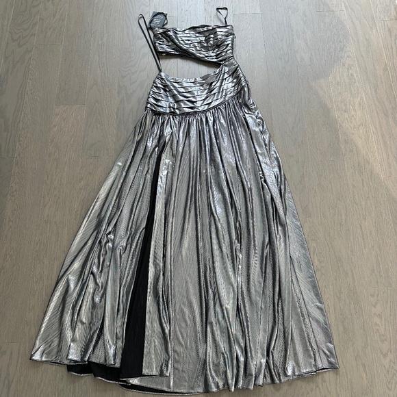 Retrofete KENNA Gunmetal Silver Metallic Lame Maxi Dress Strapless Cut Out NWT - Picture 2 of 14